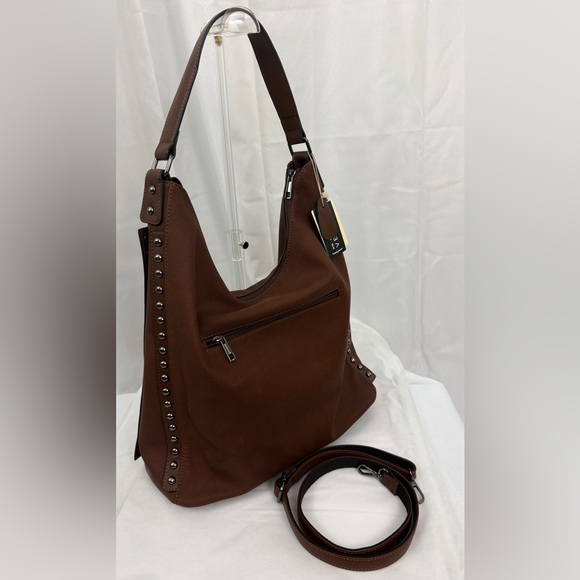 Marion Studded Chocolate Brown Soft Vegan Leather Hobo Bag with Extra Strap NWT - Picture 6 of 9